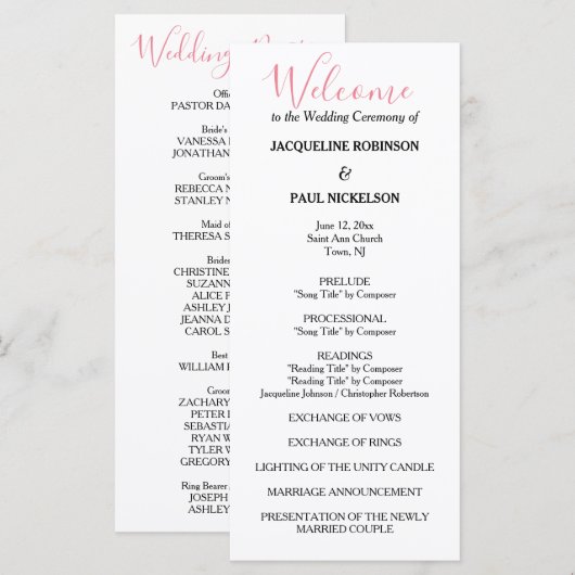 Pink White Black Wedding Program Programm (Vorne/Hinten)
