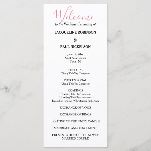 Pink White Black Wedding Program Programm (Vorderseite)