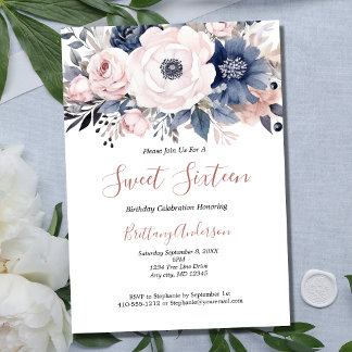 Pink White Blue Floral 16 . Geburtstag 16 Geburtst Einladung