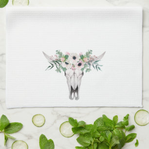 Pink White Boho Cow Head Floral Geschirrtuch