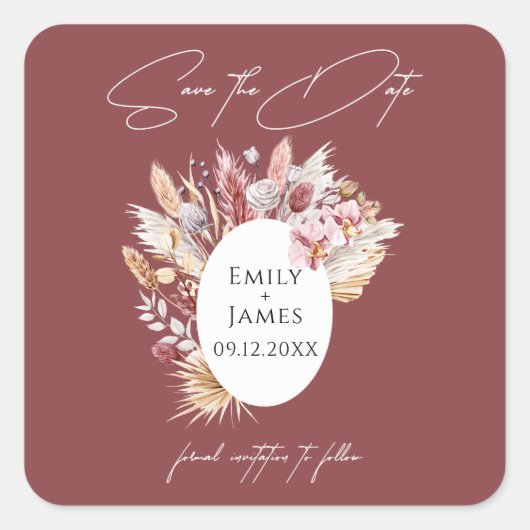 Pink White Boho Pampas Blumenrahmen Hochzeit Quadratischer Aufkleber (Vorderseite)