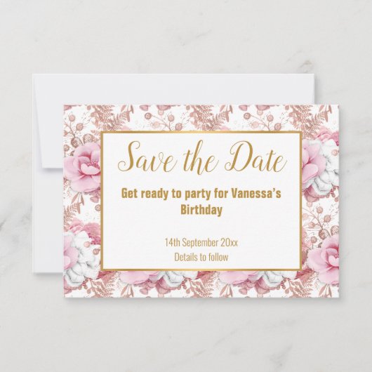PINK WHITE BOUQUET BLUME SAVE THE DATE GOLD ANKÜNDIGUNG (Vorderseite)