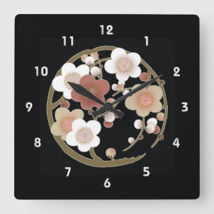 Pink White Brown Sakura Japanisch Kimono Muster Quadratische Wanduhr