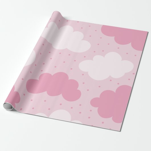 Pink & White Cartoon Dreamy Clouds Muster gepunkte Geschenkpapier (Ungerollt)