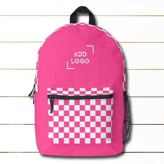 Pink White Checkerboard Karo Muster Logo Bedruckter Rucksack