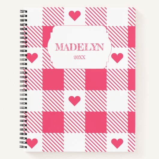 pink &white checkered heart pattern monogram name notizblock (Vorderseite)