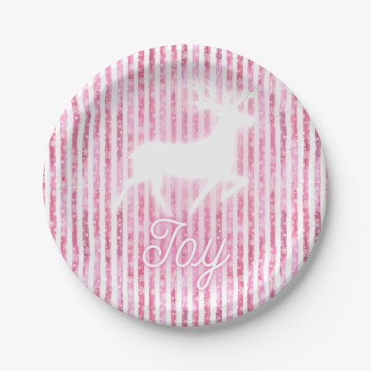 Pink & White Christmas Joy Reindeer Pappteller (Vorderseite)