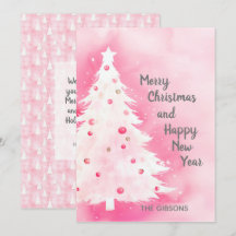 Pink White Christmas Tree Watercolor Card