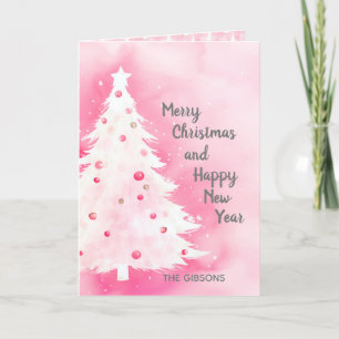 Pink White Christmas Tree Watercolor Card Feiertagskarte