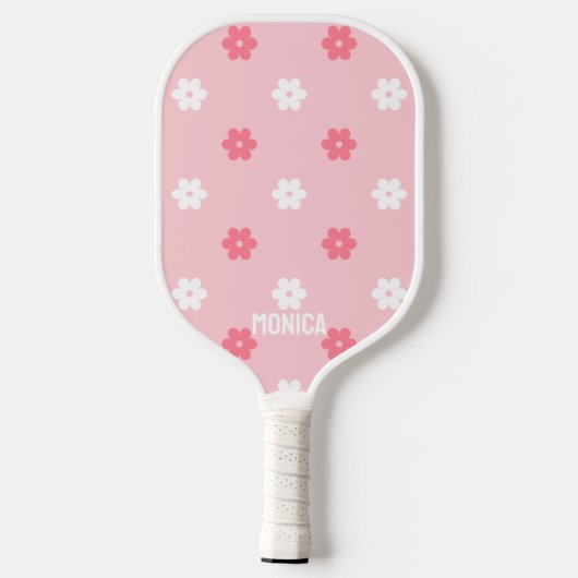  Pink &White Cute Flowers Personalized script Name Pickleball Schläger (Rückseite)
