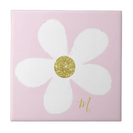 Pink White Daisy Simple Floral Gold Personal Fliese