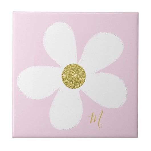 Pink White Daisy Simple Floral Gold Personal Fliese (Vorderseite)