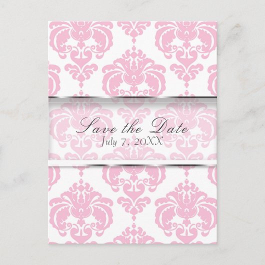 Pink & White Damask Chic Wedding Save the Date Ankündigungspostkarte (Vorderseite)