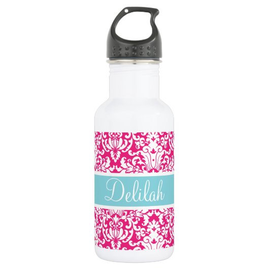 Pink White Damask Custom Edelstahlflasche (Vorderseite)