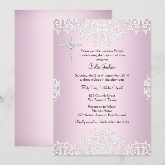 Pink White Damask Taufen/Christening Einladung (Vorne/Hinten)
