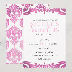 Pink & White Damast Chic Elegante Sweet 16 Party Einladung