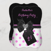 Pink White Diamond Herz Black Polka Dots Geburtsta Einladung (Vorne/Hinten)