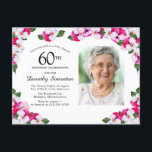 Pink White Floral 60. Geburtstag Einladungspostkarte<br><div class="desc">Schöne Stiefmütterchen in Rosa und Weiß sind in dunkelgrünen Blätter eingebettet. 60. Geburtstagsfeier und der Name der Person ist in einem großen Text geschrieben. Auf der Rückseite der Postkarte gibt es mehr Platz, um Ihren Gästen eine besondere Nachricht zu geben. Der gesamte Text kann bearbeitet werden. Die ideale Wahl für...</div>