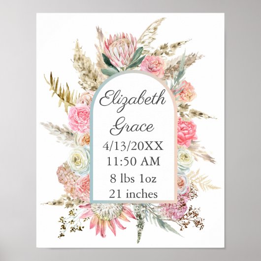 Pink White Floral Baby Geburtsstunde Personalisier Poster (Vorne)