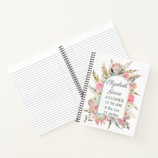 Pink White Floral Birth Stats Personalisiert Baby Notizblock (Innenseite)