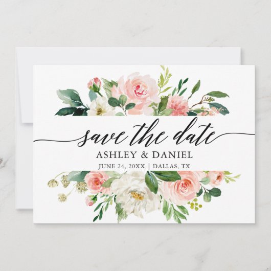 Pink White Floral Calligraphy Save the Date Karte (Vorderseite)