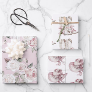 Pink White Floral Cowgirl Stiefel Geburtstag Geschenkpapier Set