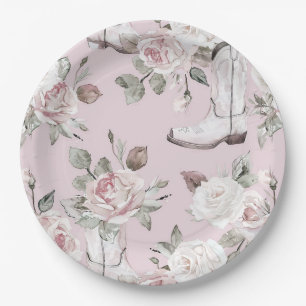 Pink White Floral Cowgirl Stiefel Geburtstag Pappteller