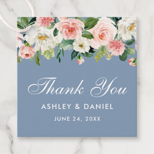 Pink White Floral Dusty Blue Wedding Vielen Dank Geschenkanhänger (Vorderseite)