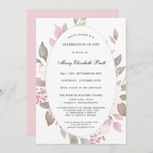 Pink White Floral Feier des Lebens Einladung (Vorne/Hinten)