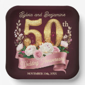 Pink White Floral Golden 50. Hochzeitstag Pappteller (Vorderseite)