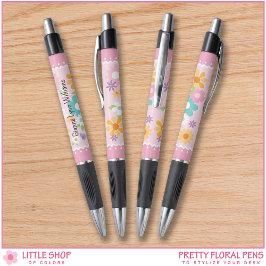 Pink White Floral Monogram Kugelschreiber