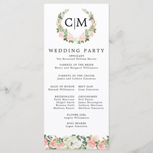 Pink White Floral Monogram Wreath Wedding Program Programm (Rückseite)