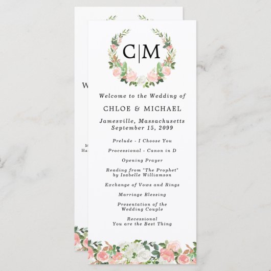Pink White Floral Monogram Wreath Wedding Program Programm (Vorne/Hinten)