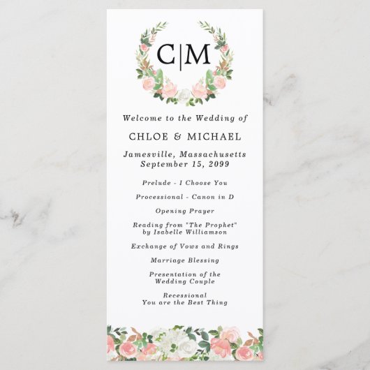 Pink White Floral Monogram Wreath Wedding Program Programm (Vorderseite)