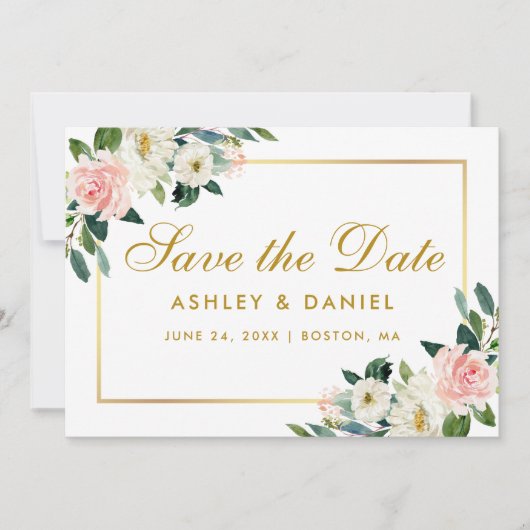 Pink White Floral Save the Date Gold Card (Vorderseite)