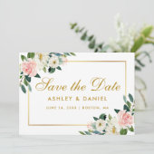 Pink White Floral Save the Date Gold Card (Stehend Vorderseite)