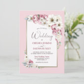 Pink White Floral Wedding Einladung (Stehend Vorderseite)