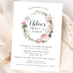Pink White Floral Wreath 16 . Geburtstag Party Einladung<br><div class="desc">Sehr hübscher Blumenkranz umgibt die Worte Sweet 16 und den Namen Ihrer Tochter. Sie sind in einer hübschen Schrift geschrieben. Der gesamte Text kann bearbeitet werden und Sie können die Farbe ändern. Der Rest des Textes besteht aus einer modernen Kombination aus aufrecht stehenden und kursiven Schriftart. Sehr elegant. Die Rückseite...</div>