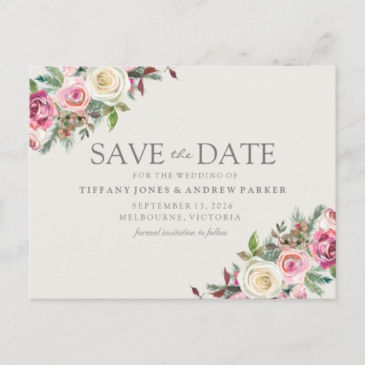 Pink White Florals Save the Date Postkarte (Vorderseite)