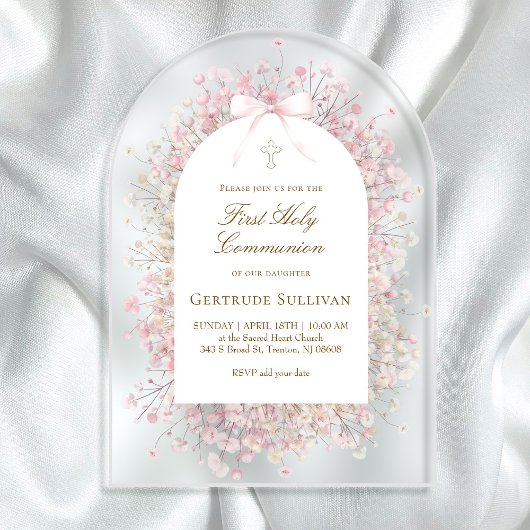 pink white flowers First Holy Communion Acryleinladungen