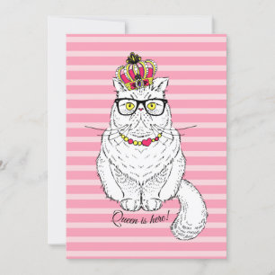 Pink White Geometric Queen Cat Crown Feiertagskarte