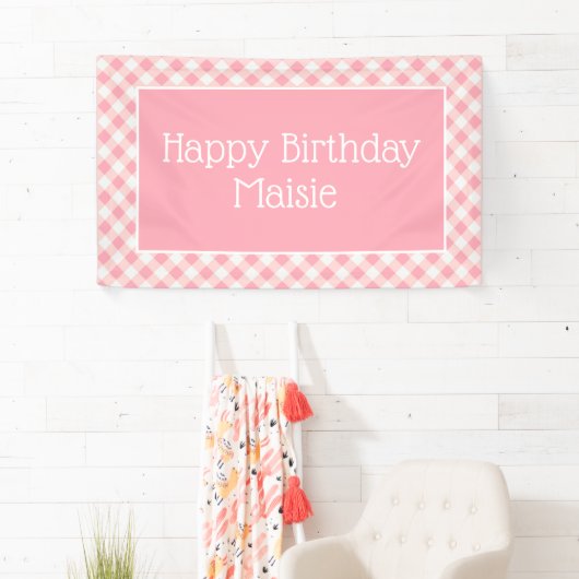 Pink White Gingham Little Girl's Happy Birthday Banner (Insitu)