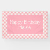 Pink White Gingham Little Girl's Happy Birthday Banner (Horizontal)