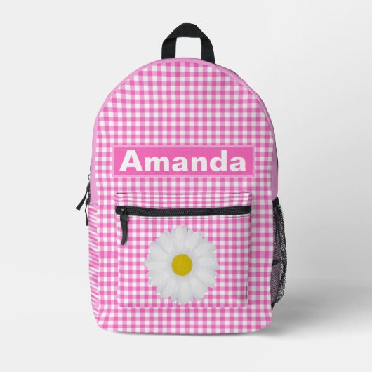 Pink White Gingham Personalisiert Girls Bedruckter Rucksack (Vorderseite)