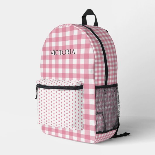 Pink White Gingham Polkadot Personalized Bedruckter Rucksack (Rückseitige Ecke Rechts)