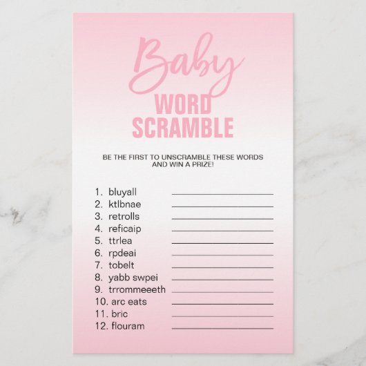 Pink White Girl Baby Dusche WORD SCRAMBLE Flyer (Vorne)