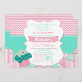 Pink & White Girls Cupcake Blackboard 1. Geburtsta Einladung (Vorne/Hinten)