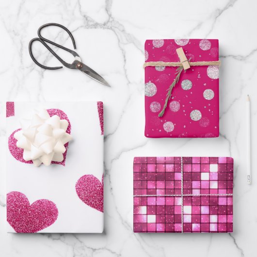 Pink White Glitter Heart Checkered Geschenkpapier Set (Vorderseite)