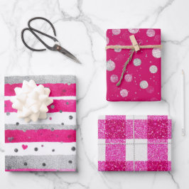 Pink White Glitter Heart Checkered  Geschenkpapier Set