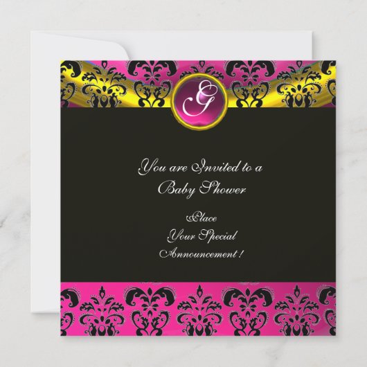 PINK WHITE GOLD DAMASK STORK BABY SHOWM MONOGRAM EINLADUNG (Rückseite)